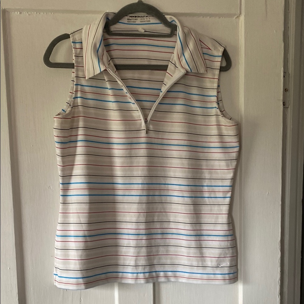 Nike White and Blue Sleeveless Polo Golf Dry Fit Top